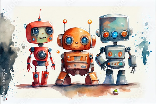Generative AI illustration of a cute robot collection on white background with margins, watercolor