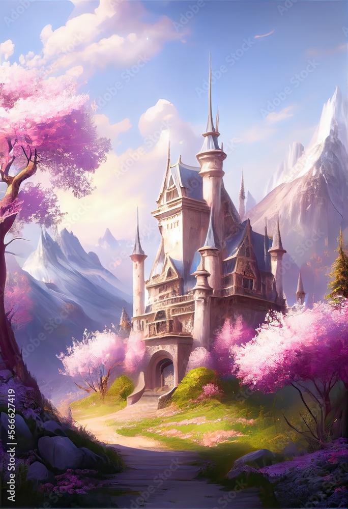 Generative AI illustration of magical land of enchanted forests, castle ...