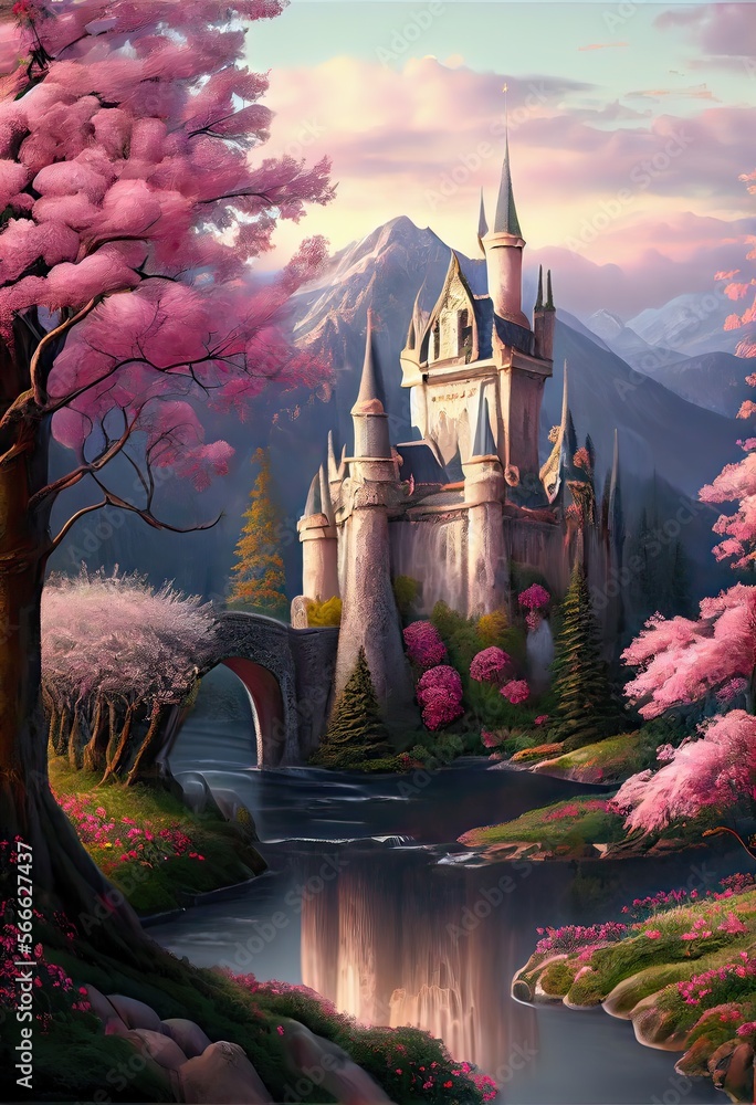 Generative AI illustration of magical land of enchanted forests, castle ...