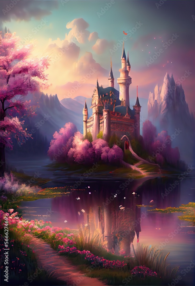 Generative AI illustration of magical land of enchanted forests, castle ...