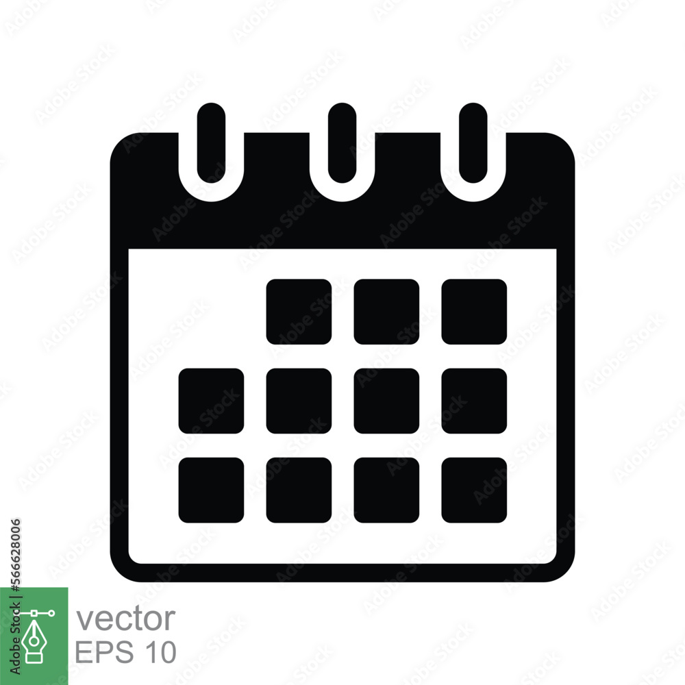 Calendar glyph icon. Simple solid style. Schedule, date, day, plan, symbol concept. Vector illustration isolated on white background. EPS 10. Calendar glyph icon. Simple solid style. Schedule, date, day, plan, symbol concept. Vector illustration isolated on white background. EPS 10.