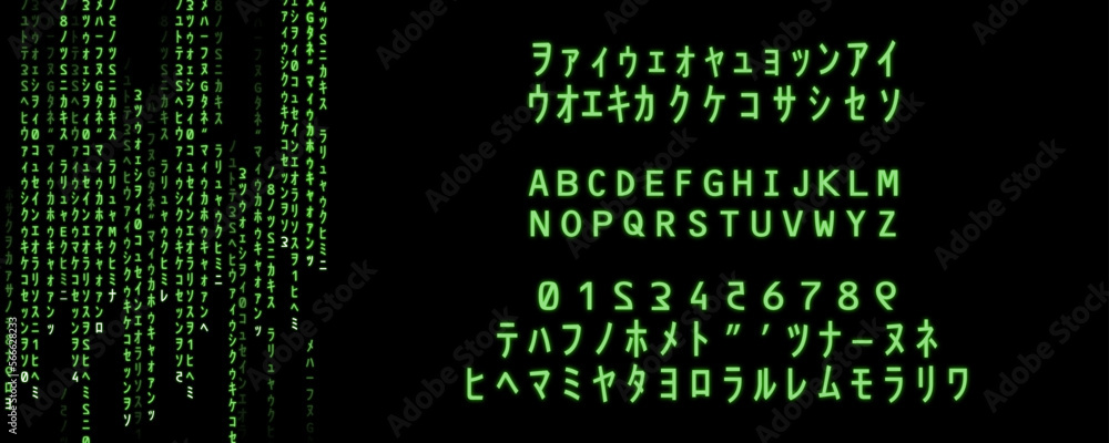 Alphabet, numbers and special characters for source code. VR typography for web projects. Rain of green glowing signs on black screen. Wallpaper graphic generated in illustrator. Hacking subject.