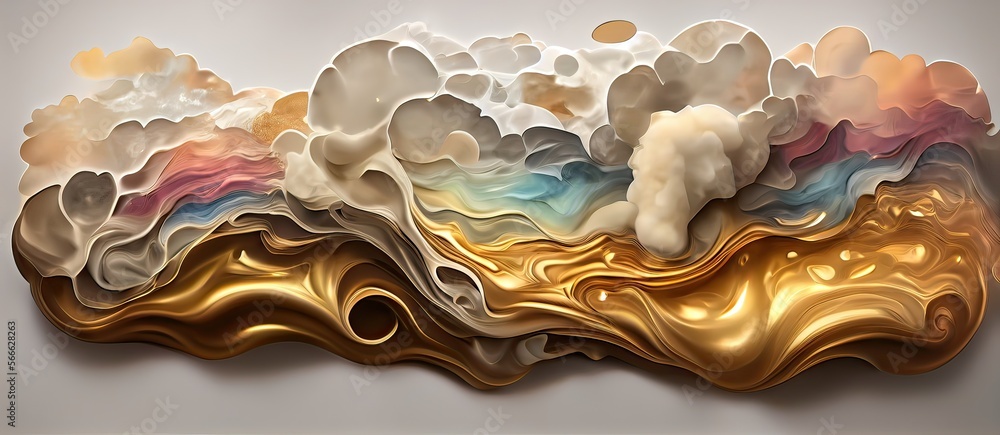 Generative AI illustration of abstract fluid composing waves of varying sizes and colors is divided into layers, taupe, ivory, white, beige, and soft gold colors, gold glitter Generative AI illustration of abstract fluid composing waves of varying sizes and colors is divided into layers, taupe, ivory, white, beige, and soft gold colors, gold glitter