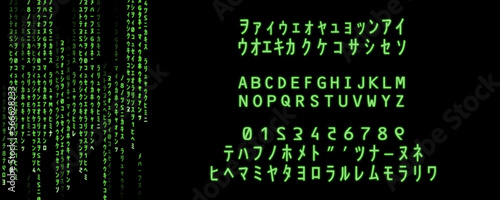 Obraz na płótnie Alphabet, numbers and special characters for source code. VR typography for web projects. Rain of green glowing signs on black screen. Wallpaper graphic generated in illustrator. Hacking subject. w salonie