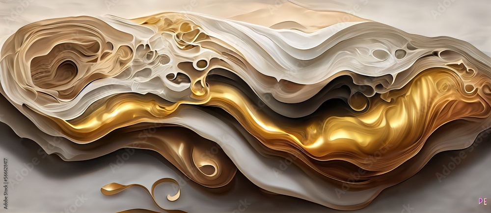 Fototapeta premium Generative AI illustration of abstract fluid composing waves of varying sizes and colors is divided into layers, taupe, ivory, white, beige, and soft gold colors, gold glitter