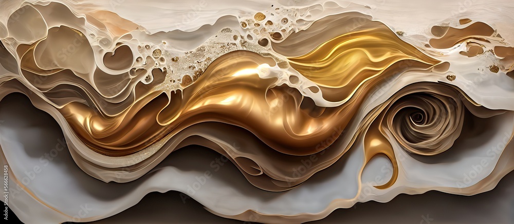 Generative AI illustration of abstract fluid composing waves of varying sizes and colors is divided into layers, taupe, ivory, white, beige, and soft gold colors, gold glitter Generative AI illustration of abstract fluid composing waves of varying sizes and colors is divided into layers, taupe, ivory, white, beige, and soft gold colors, gold glitter