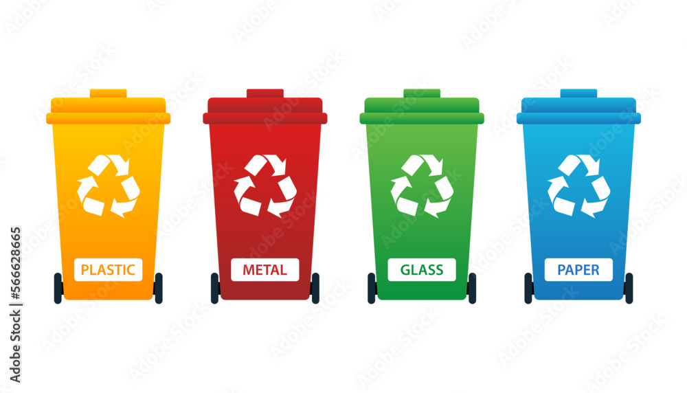 Recycling bins. Yellow, red, green, and blue recycling bins. Plastic, glass, metal, and paper recycling bins. Recycling bins. Yellow, red, green, and blue recycling bins. Plastic, glass, metal, and paper recycling bins.