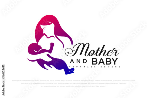 mother and baby stylized vector symbol, mom hugs her child logo template.mother day logo design