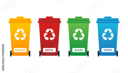 Recycling bins. Yellow, red, green, and blue recycling bins. Plastic, glass, metal, and paper recycling bins.