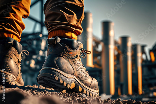 Close-up safety working shoe on a worker feet is standing at the factory, ready for working in danger workplace concept. Industrial working scene and safety equipment. Generative Ai image. photo
