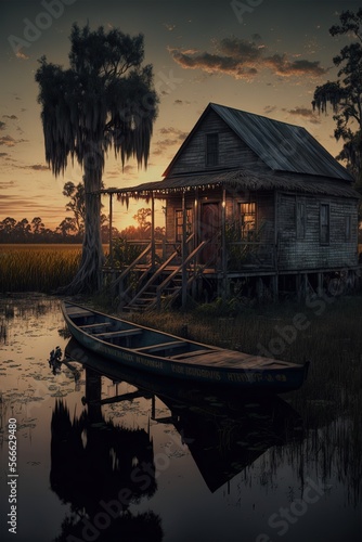 dramatic landscape sunset cajun swamp scene with shack and boat Generative AI