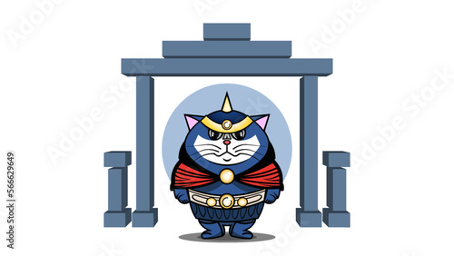 Vector cartoon fat blue cat warrior guard. Funny puss vintage soldier infantryman on a white background with an arch.