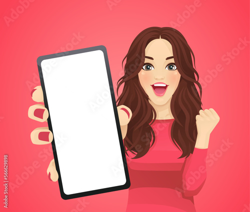 Surprised beautiful young woman celebrating success showing blank phone screen vector illustration 