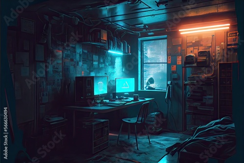 Generative AI illustration of messy and dark cyberpunk hacker hideout room with lights