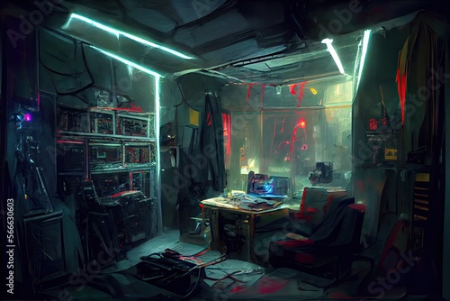 Generative AI illustration of messy and dark cyberpunk hacker hideout room with lights