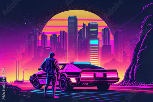 Man as car driver with neon night city skyline as vaporwave illustration (Generative AI)