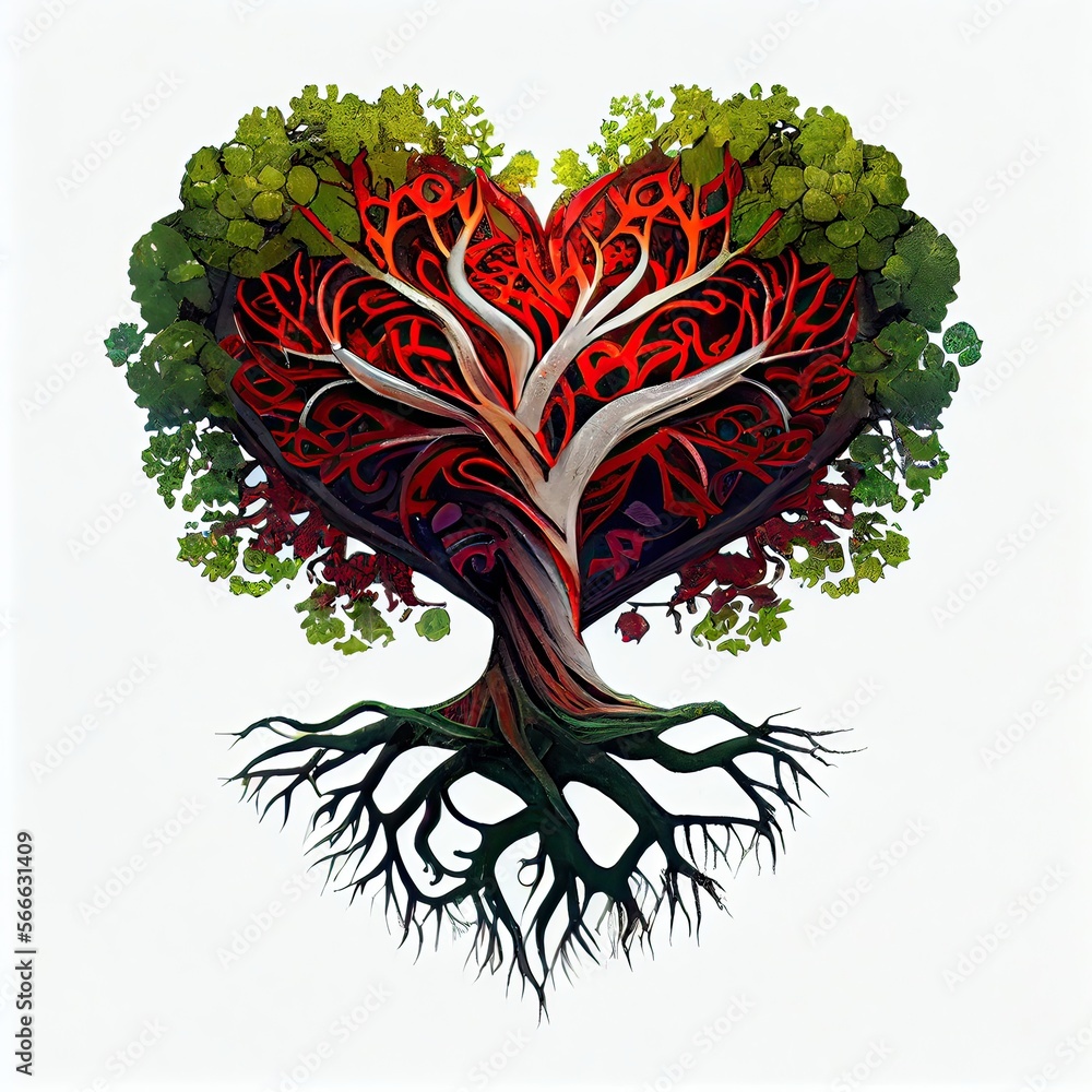 Generative AI illustration of tree of life, roots making red heart ...