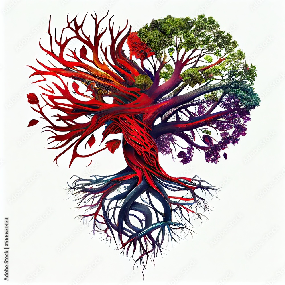Generative AI illustration of tree of life, roots making red heart ...