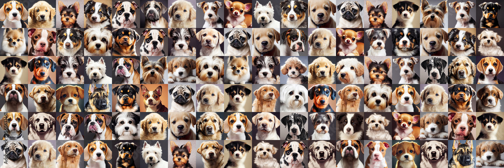 Many different dog puppy breeds as wallpaper background (Generative AI)