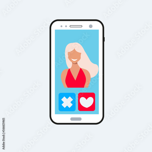 phone mobile vector flat design. virtual people , relationship or dating. date cartoon isolated. blonde woman female on a screen , touch. love heart internet , in social media. choose your one tinder