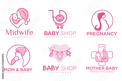 happy baby and mother icon set logo design.badges for children store & baby care center.illustration