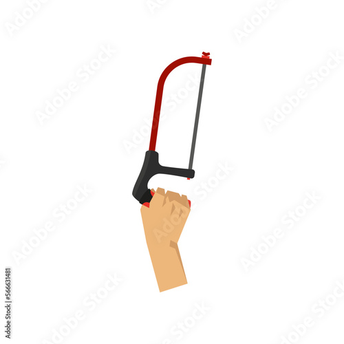 Hand of mechanic holding hacksaw vector illustration. Cartoon drawing of hand with steel instrument for metal work on white background. Construction, industry, repair service concept