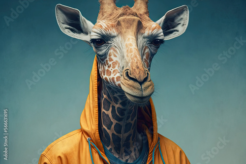 Portrait of a giraffe wearing sportswear