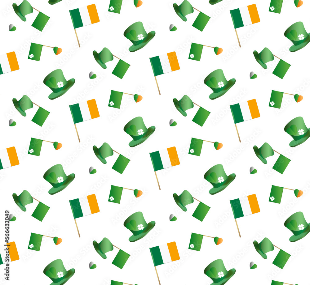 holiday background for st patricks day with traditional flags, clover leaves, top hat, flag of ireland holiday background for st patricks day with traditional flags, clover leaves, top hat, flag of ireland