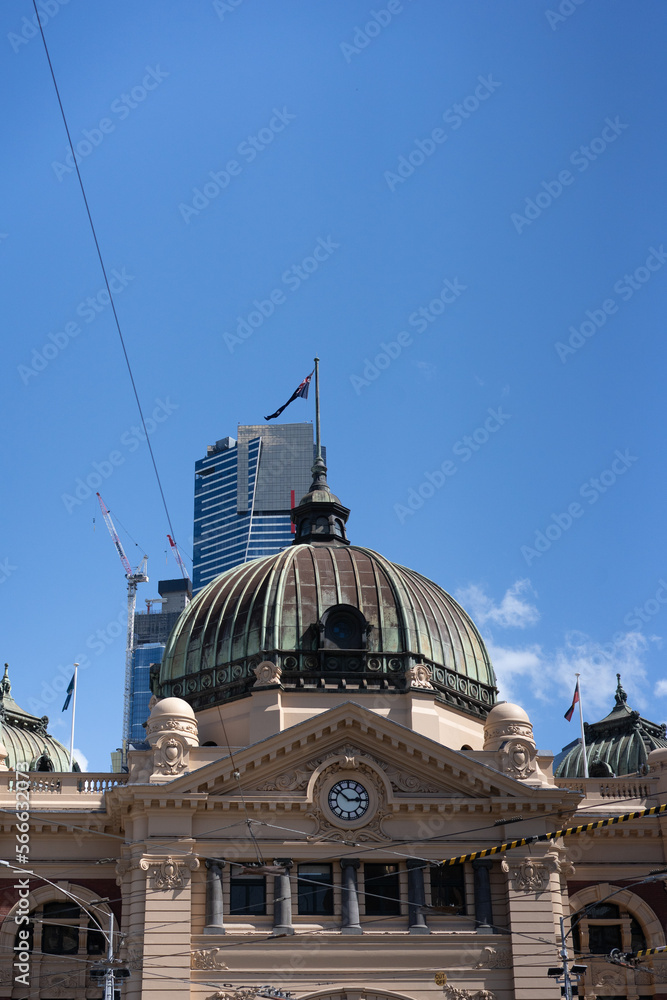 The roof of Flinders Street Station overlooking the sky in Melbourne, Australia.