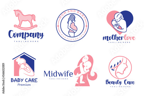 happy baby and mother icon set logo design.badges for children store & baby care center.illustration