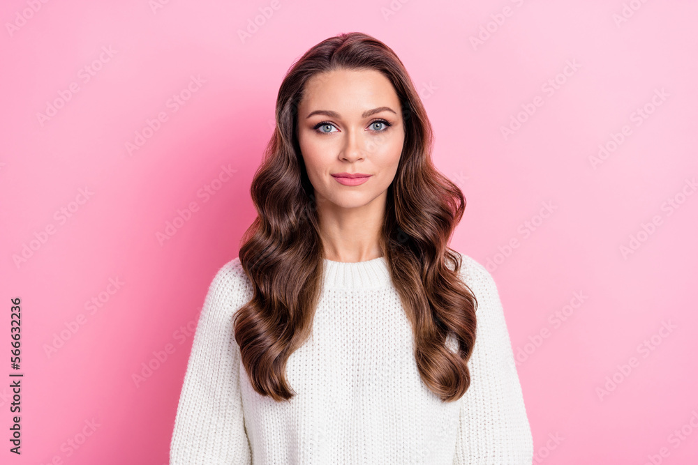 Portrait of adorable satisfied glad girl nice wavy hairdo wear knit clothes isolated on pink color background
