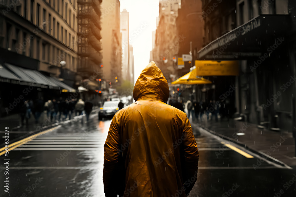 Back view of young man wearing yellow rainy coat walking in the New York city, 3D render generated by AI.