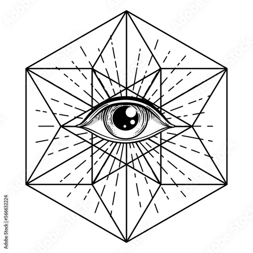 Blackwork tattoo flash. Eye of Providence. Masonic symbol. All seeing eye inside triangle pyramid. New World Order. Sacred geometry, religion, spirituality, occultism. Isolated vector illustration.