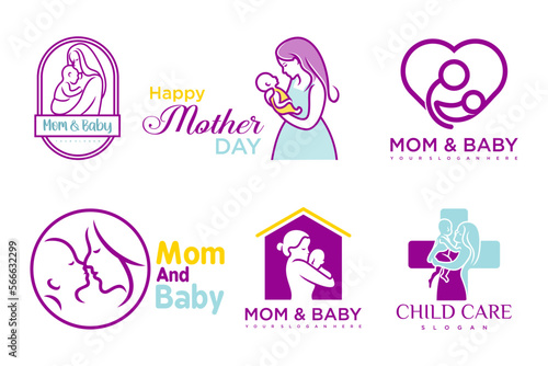 happy baby and mother icon set logo design.badges for children store & baby care center.illustration