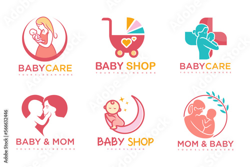 happy baby and mother icon set logo design.badges for children store & baby care center.illustration