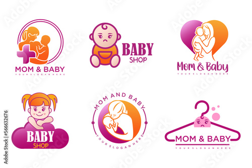 happy baby and mother icon set logo design.badges for children store & baby care center.illustration