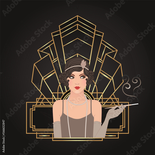 Flapper girl. Art deco 1920s style vintage invitation template design for drink list, bar menu, glamour event, thematic wedding, jazz party flyer. Vector art.