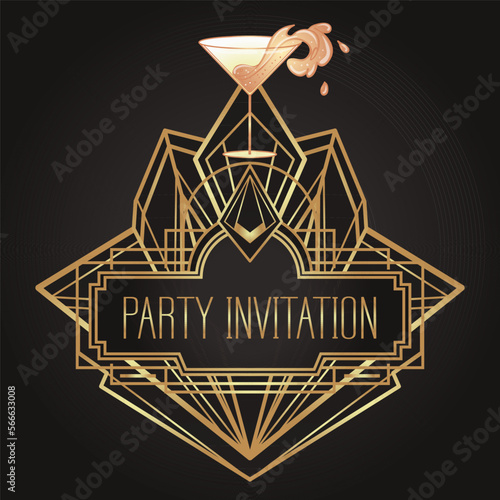 Flapper girl. Art deco 1920s style vintage invitation template design for drink list, bar menu, glamour event, thematic wedding, jazz party flyer. Vector art.