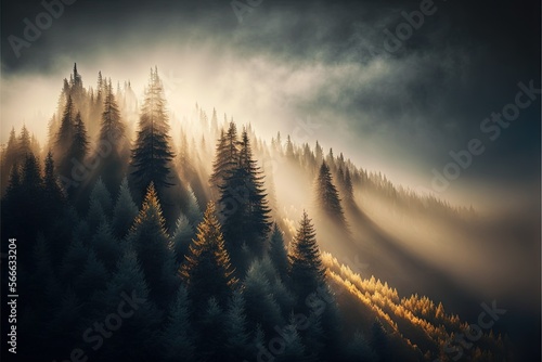 sun light through fog and clouds above the forest Generative AI