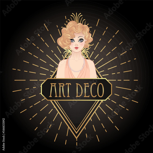 Flapper girl. Art deco 1920s style vintage invitation template design for drink list, bar menu, glamour event, thematic wedding, jazz party flyer. Vector art.