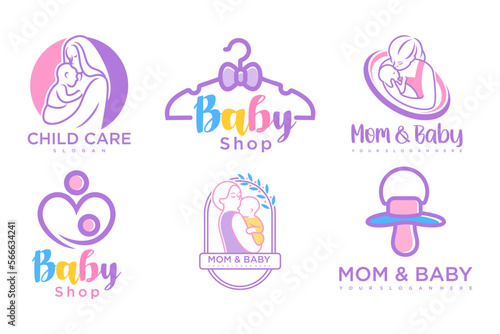 happy baby and mother icon set logo design.badges for children store & baby care center.illustration