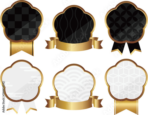 梅の花と和柄の和風エンブレム6種セット　ブラック＆ホワイト