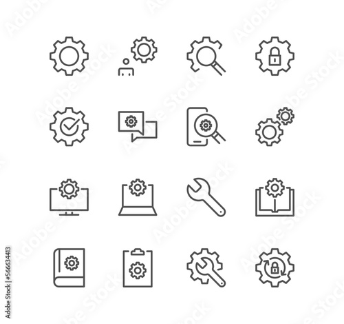 Set of settings and controls related icons, account, setup, install, gears and linear variety vectors.
