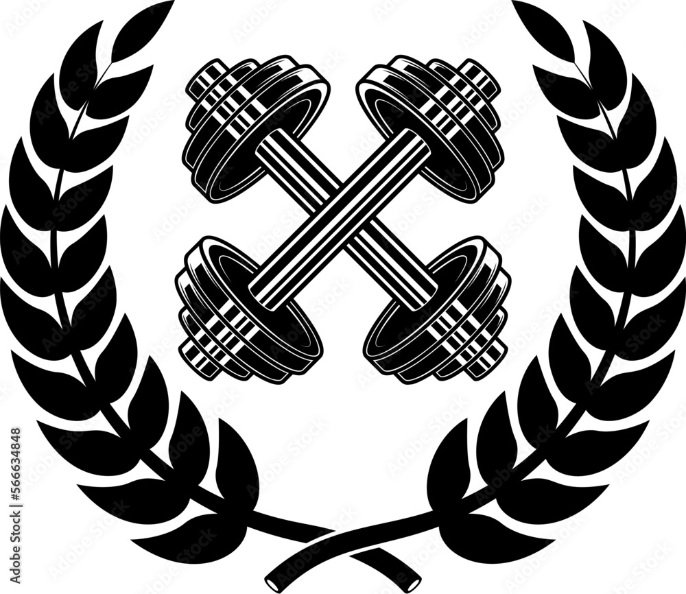 Emblem template with crossed dumbbells and wreath. Design element for ...