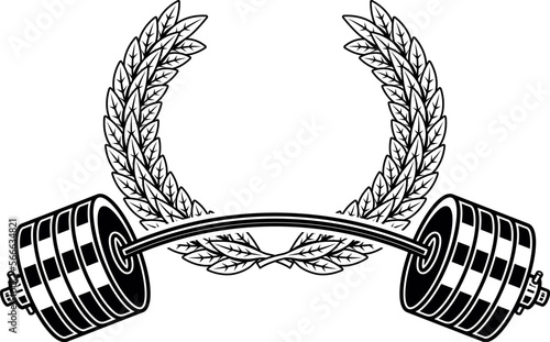 Emblem template with barbell and wreath. Design element for logo, sign, emblem. Vector illustration