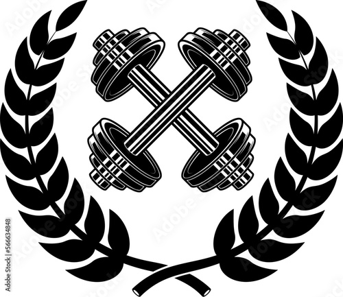Emblem template with crossed dumbbells and wreath. Design element for logo, sign, emblem. Vector illustration
