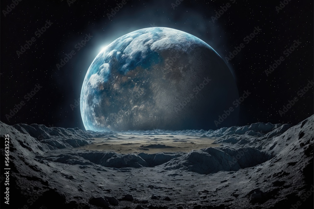 Obraz premium Moon crater and planet Earth. Two worlds overlooking. Abstract space fiction and fantasy concept. Generative ai.