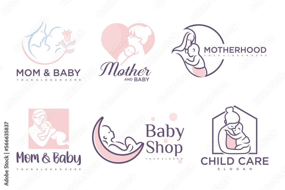 Fototapeta premium happy baby and mother icon set logo design.badges for children store & baby care center.illustration