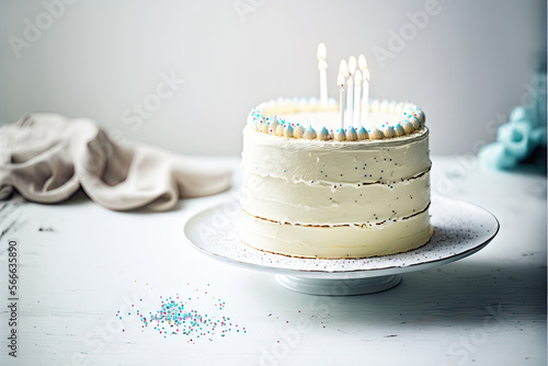 Beautifully decorated birthday cake with burning candles. Generative AI