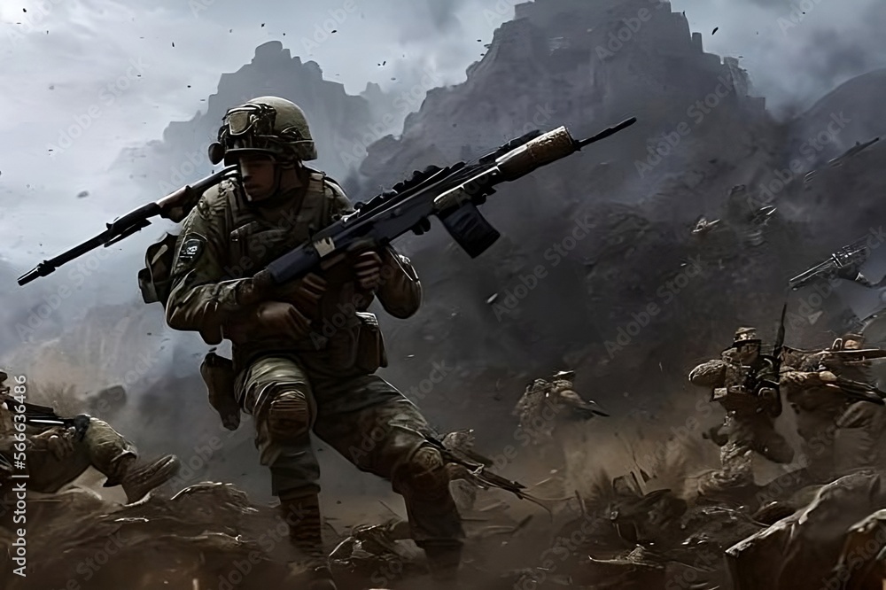 Soldier with rifle in a battlefield, virtual sci-fi video game shooting, online competition gun war, generative ai Soldier with rifle in a battlefield, virtual sci-fi video game shooting, online competition gun war, generative ai